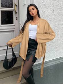 SHEIN EZwear 秋冬女士时尚优雅纯色落肩长袖系腰羊毛混纺大衣 - 駝色 - 查看 6