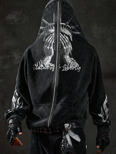 Street Life Sudadera de manga larga con bolsillo y estampado gráfico religioso asimétrico para hombre, otoño