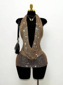 EgrlEra Women's Deep V Neck Sequin Mesh Dress, Rhinestone Embellished Shiny, Suitable For Bar Party, Carnival, Club Wear - Champagne - View 4