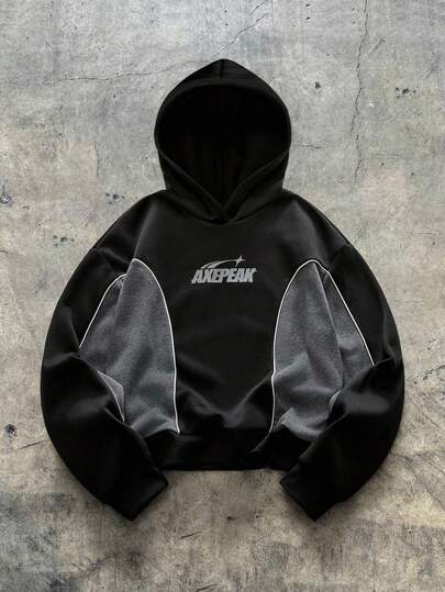 AXEPEAK Sudadera con capucha casual, suelta y de manga larga con estampado de letras y color contrastante para hombres, otoño/invierno