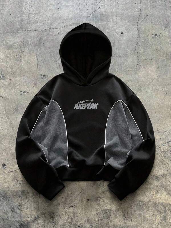 AXEPEAK Sudadera con capucha casual, suelta y de manga larga con estampado de letras y color contrastante para hombres, otoño/invierno