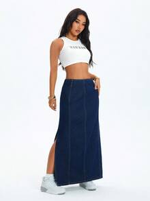 SHEIN Casual Low-Waist Patchwork Side Slit Maxi Denim Skirt