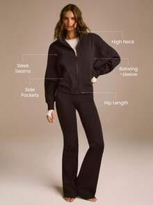 GLOWMODE Everyday Fleece Warmth Whisperer Soft Warm Lightweight Front Back Seam Detailing Pockets Batwing Sleeve High Neckline Full-Zip Jacket Autumn Winter Daily Casual