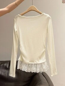 Franclia 女士T恤/纽扣缝线蕾丝修身优雅长袖T恤/Y2K风格/女士休闲大领长袖上衣/新款褶皱收腰打底上衣/春夏秋季 - 白色 - 查看 3