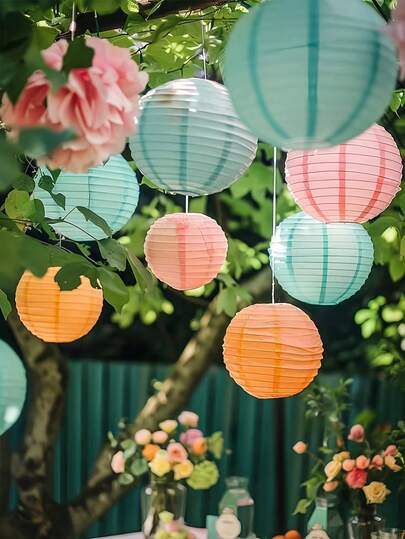 1/3/6Pcs Wedding Paper Lantern Decoration Set, Pink + Orange + Blue Wedding Lanterns, Suitable For Rustic Wedding Decorations, Bridal Showers, Birthday And Graduation Parties, Ceiling Lamp Shades, Summer Props, Anniversary, Wedding And Valentine's Day Garden Decoration Supplies