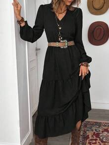 LanaWest Women's Autumn Bohemian Casual Vacation Style Rust Brown Design V-Neck Long Sleeve Patchwork Dress