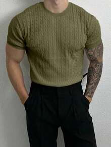 Manfinity Homme Men's Solid Color Cable Knit Crew Neck Casual Short Sleeve Sweater Knit Top Men Men S Textured Shirt - Army Green - View 4