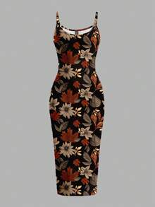 Veykashi Plus Size Vintage Elegant Maple Leaf Print Casual Dress, Suitable For Party, Thanksgiving - Multicolor - View 2