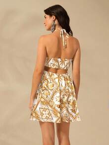 CAJUNI 女士度假波西米亚风热带花卉、鸟类、椰子树、菠萝蓝白印花露背镂空休闲沙滩夏装 - 黃色 - 查看 2