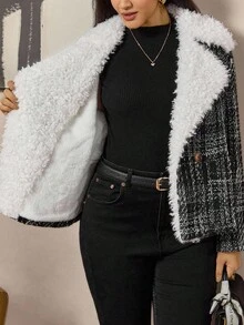 Zelara Plus Size Women Fuzzy Lapel Neck Long Sleeve Plaid Loose Casual Jacket, Autumn Winter Tweed Jacket Women Teddy Collar Tweed Jacket Plus Size Tweed Jacket Women For Women Casual Women's Winter Winter Women's Winter Jacket Going Out Tops Going Out Female Country Look Plaid Chic Women's Jacket Chic Blazer Women Autumn For Women Black Jacket Winter For Women Women's Winter Thanksgiving For Women - Black and White - View 9