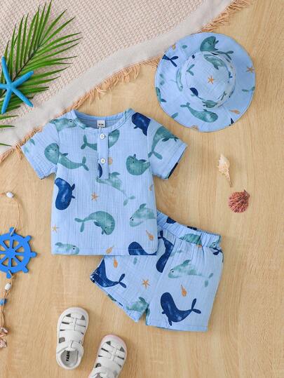 SHEIN 3件套婴儿可爱印花短袖T恤、短裤和帽子套装