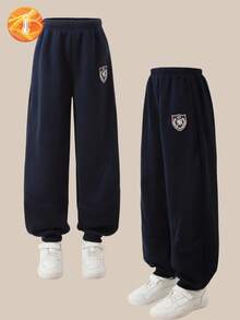 SHEIN Casuvi Kids 青少年男孩休闲百搭徽章装饰翻边运动裤