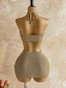 Soleia 新款花卉露背系腰迷你连衣裙，适合派对、约会、情人节、复活节、狂欢节、下午茶、海滩、游轮、城市度假、秋冬 - 卡其色 - 查看 2