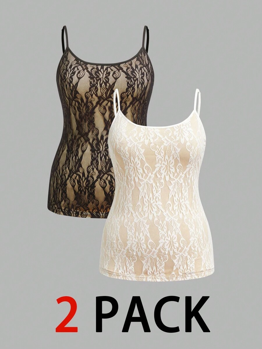 Auralis 2pcs/Set Plus Size Women Lace Camisole Tops (Black & White) - Multicolor - View 1
