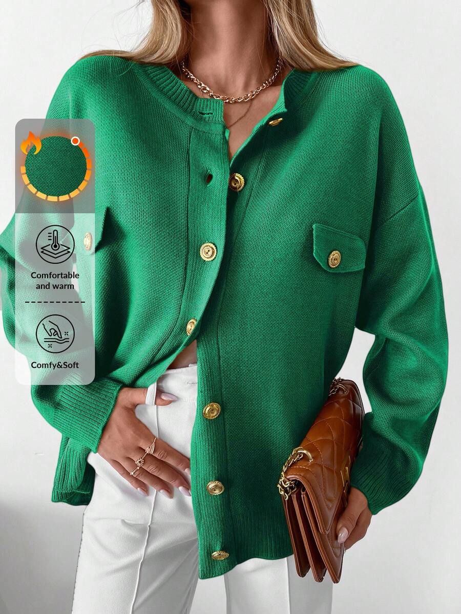 EURMUSE Ladies' Solid Color Round Neck Cardigan With Faux Pockets - Green - View 1
