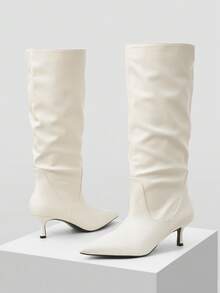 MOTF PREMIUM Giày bốt cao gót mũi nhọn cổ thẳng mới 2024 dành cho nữ - Màu be - Xem 9