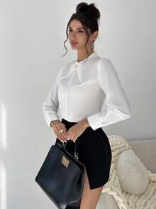 Firerie 女士交叉领金属装饰优雅办公室修身白色衬衫、长袖上衣 - 白色 - 查看 4