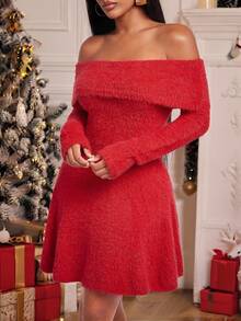Radiana Women's Elegant Off-Shoulder Long Sleeve Knitted Dress,Autumn Red Fuzzy Mini Sweater Dress For Party,Thanksgiving,Halloween&Christmas - Red - View 6