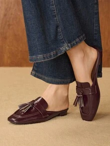 MOTF VINTAGE TASSEL SLIP-ON COMFORTABLE CASUAL OIL WAX LEATHER TEXTURE SQUARE TOE FLAT MULES - Coffee Brown - View 2