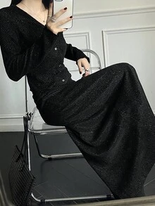 DAZY Bộ 2 món áo cardigan ôm sát, áo và chân váy, họa tiết hoa kẻ caro nền tối màu, thời trang công sở, thoải mái, lấp lánh, dự tiệc cưới, thu/đông cho nữ - màu đen - Xem 3
