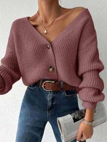 Women Solid Color Drop Shoulder Long Sleeve Single-Breasted Casual Loose Cardigan