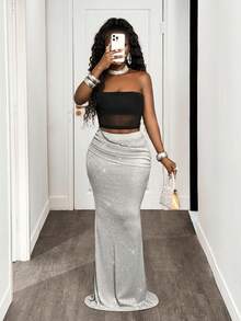 BamGleam 女士紧身亮面包臀半身裙，秋冬款 - 銀色 - 查看 5