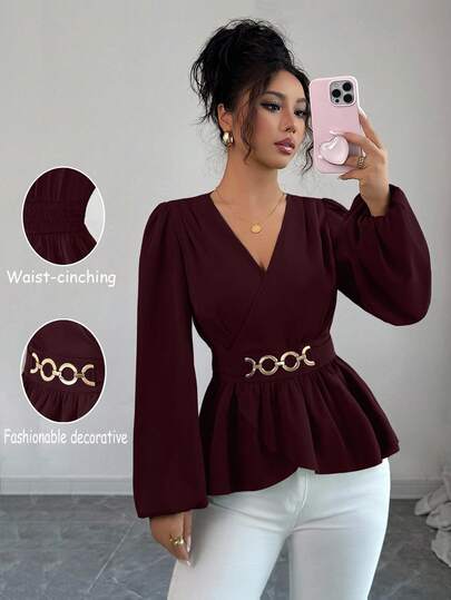 Elenzga Women's Satin V-Neck Cinched Waist Round Ring Decor Long Sleeve Blouse, Elegant & Sophisticated,Fall Women Clothes,Autumn Clothes ,Winter Outfit For Women ,School Clothes,Concert Tops,Christmas,Business Casual Woman ,Teacher Outfits For Women,Going Out Tops,Casual.