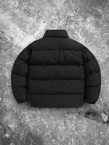 Manfinity Hypemode 男士冬季字母图案拉链立领长袖羽绒服，秋季 - 黑色 - 查看 2