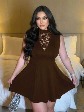 NU&NOW Plus Size Lace Patchwork Elegant Party A-Line Sleeveless Dress