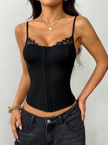 SHEIN PETITE 女式夏季撞色蕾丝前扣吊带背心 - 黑色 - 查看 6
