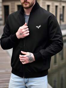 Manfinity Homme 男士休闲鸟纹拉链夹克，秋季 - 黑色 - 查看 3