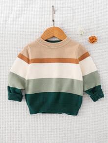 Cozy Pixies Baby Boy Soft & Comfortable Contrast Striped Crew Neck Long Sleeve Pullover Sweater, Casual & Versatile Fall Winter
