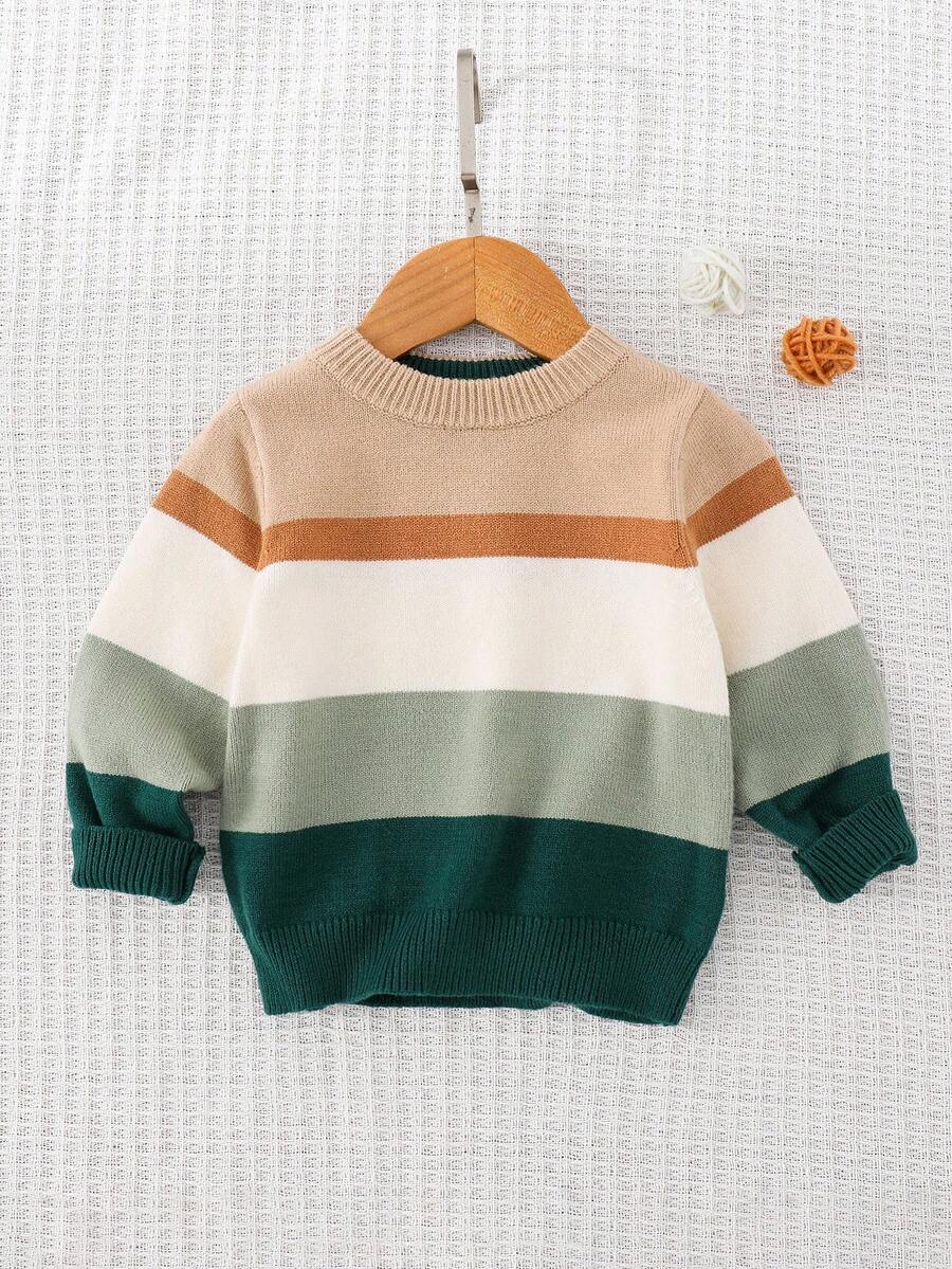 Cozy Pixies Baby Boy Soft & Comfortable Contrast Striped Crew Neck Long Sleeve Pullover Sweater, Casual & Versatile Fall Winter