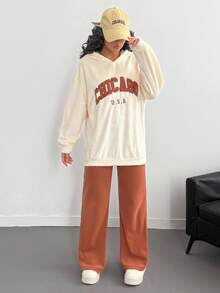 Set de 2 piezas: Sudadera holgada con cordón y textura de franela de unicolor con bordado + Pantalones acampanados de felpa, conjunto informal de otoño/invierno para adolescentes - Albaricoque - Ver 6