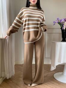 DAZY 女式高领条纹落肩长袖毛衣和针织裤休闲两件套，秋冬 - 卡其色 - 查看 5