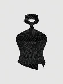 SHEIN MOD Plus Size Women's Halter Neck Tie Black & White Striped Cropped Top Top With Scarf
