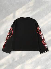 ROMWE MEN Street Life Casual Loose Men's Sparkling Diamond Jesus Print Long Sleeve T-Shirt, For Fall - Black - View 3