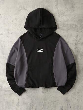 Street Life Sudadera con capucha de hombre con parches y contraste de colores, estilo callejero retro, para otoño