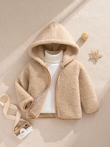 SHEIN 2025秋冬新款法式优雅学院风白色长袖抓绒连帽外套，适合外出上学等各种场合 - 米色 - 查看 3