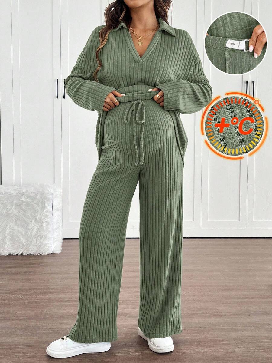 SHEIN 2pcs Maternity Set,Sage Green Autumn Casual Everyday Raglan Sleeve Shirt With Collar & Adjustable Waist Straight Leg Pants,Loose Fit Comfy Lounge Set - Green - View 1