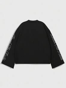 ROMWE MEN Street Life Men's Crew Neck Long Sleeve Casual Creative Skull Graphic Loose Fit T-Shirt - Black - View 2