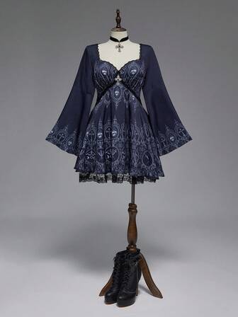 EDITION Dunkle Schloss Kirche Fenster Blume Muster Halloween Outfit Große Größen Kleid mit Glockenärmeln