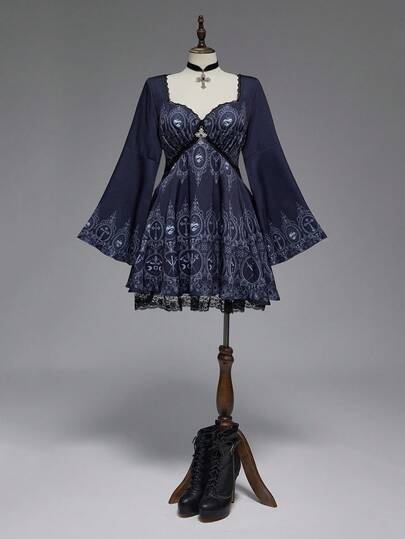 EDITION Abito con maniche a sbuffo, stampa floreale con finestra di chiesa di un castello scuro, adatto per Ognissanti, taglie comode