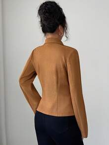 SHEIN Elenzya 女装秋冬新款优雅麂皮鹿皮复古棕色腰部收紧短款夹克，高端时尚 - 棕色 - 查看 2