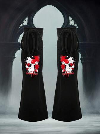 Friday the 13th X ROMWE 1pair Black Y2K Punk Style Skull Print Niche Gothic Style Ink Splattered Blood Girls Strappy Leggings, Street Bondage Casual Fashion Unisex Leggings, Suitable For Cosplay And Daily Matching