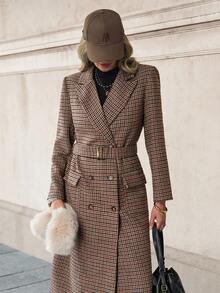 Solivie Women's Plaid Print Double-Breasted Fashionable Wool Coat,In Autumn/Winter,Fall