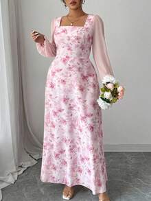 Modelyn 女士粉色花卉印花拼接方领长袖优雅约会连衣裙