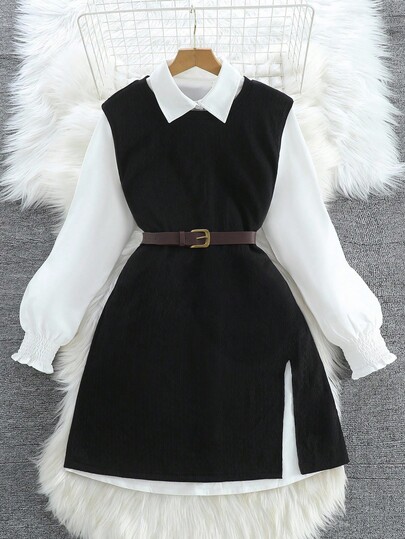 Conjunto de 2 piezas de vestido de cárdigan de manga larga y chaleco de punto texturizado elegante, cómodo y casual para mujer, adecuado para uso diario