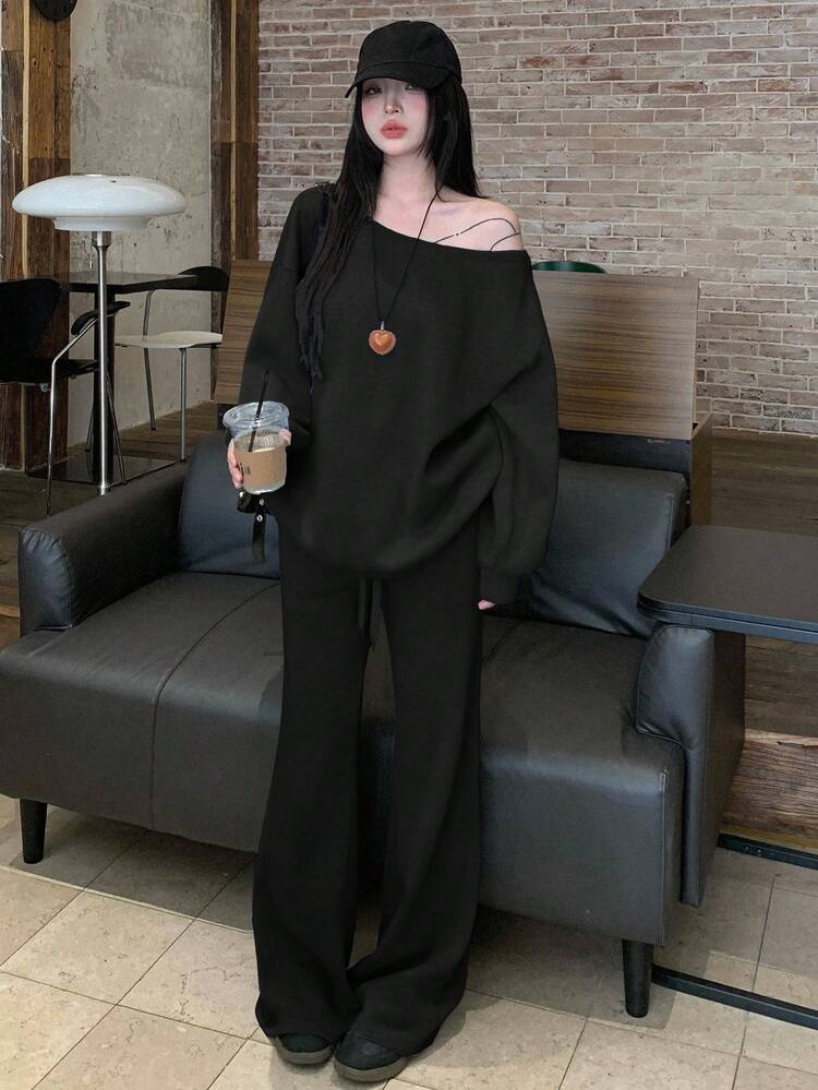 Women's Oblique Shoulder Long Sleeve Sweatshirt & High Waist Drawstring Flare Casual Pants Set, Early Autumn
