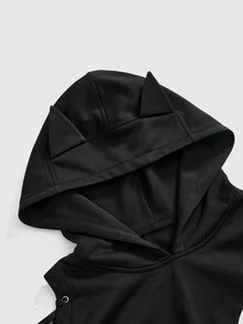 ROMWE Goth 可爱哥特式万圣节猫耳装饰肩带装饰猫咪表情印花女式短款套头衫 - 黑色 - 查看 4